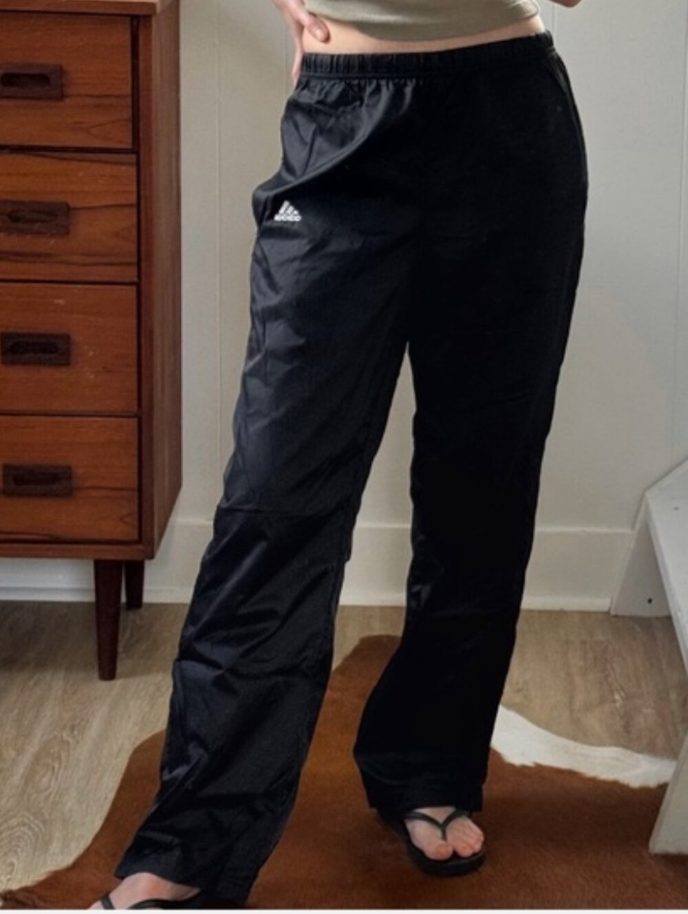 NWT Adidas Black Lined Nylon Windbreaker Pants Straight Leg Zipper Cuffs Lg